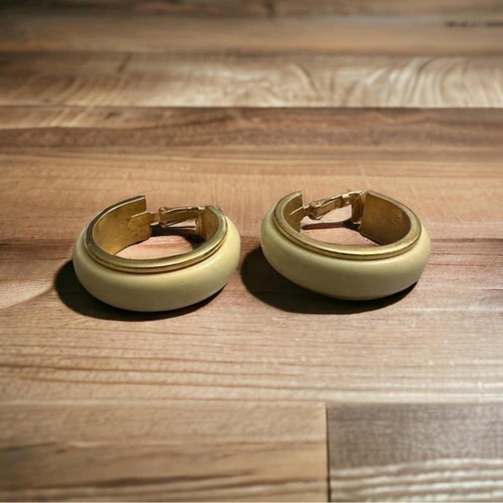 Vintage Avon Beige Clip On Hoop Earrings - Gold Tone